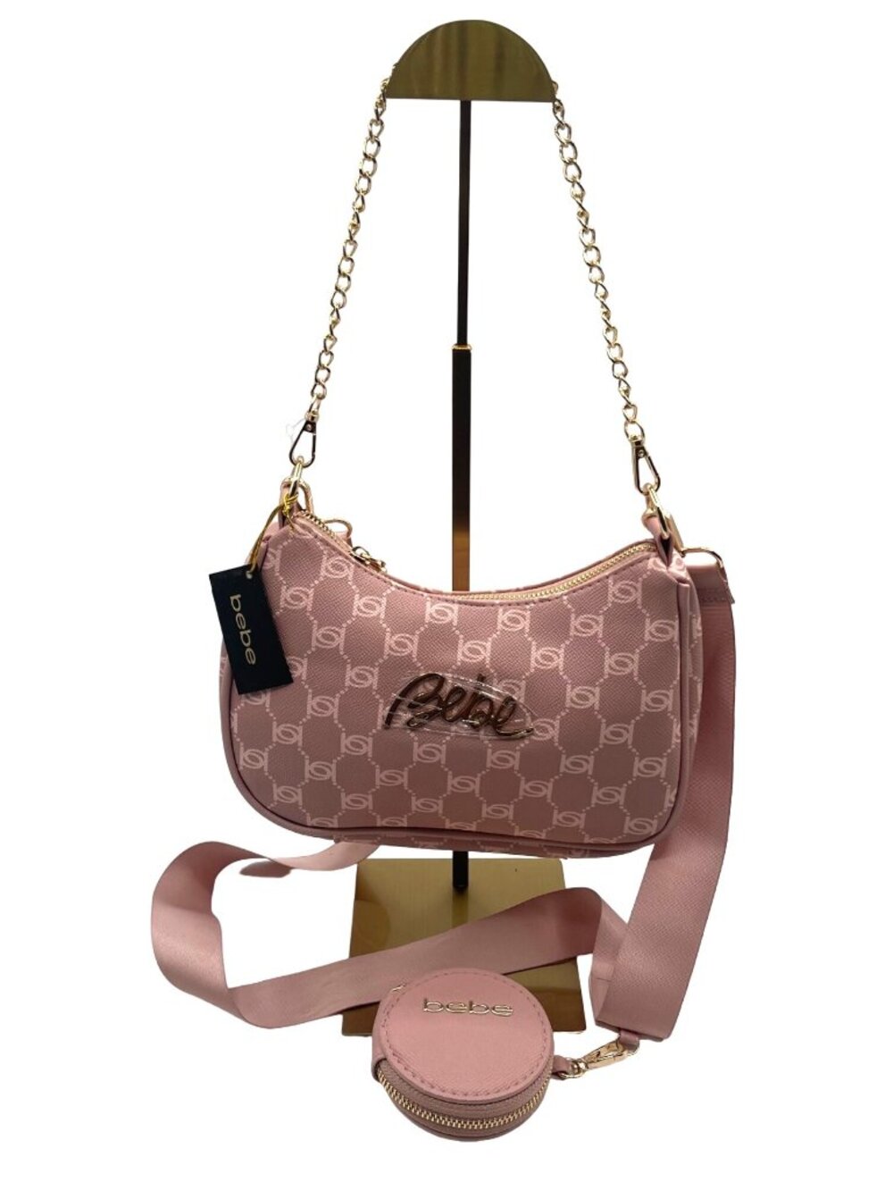 BeBe Gianna Monogram Blush Pink Crossbody Bag Gold Chain Strap With Coin Purse